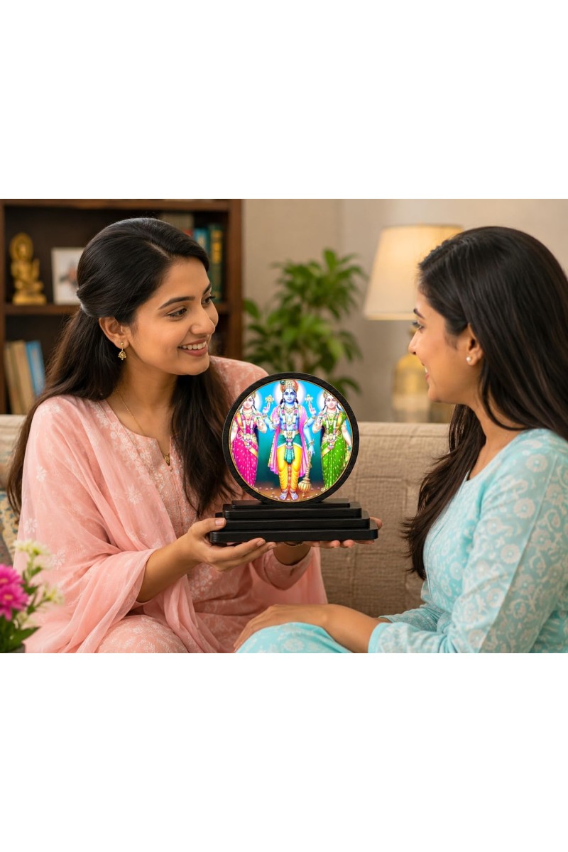 Car Dashboard Wooden Lord Vishnu, Goddess Lakshmi and Bhudevi Showpiece | 4 X 4.5 Inch Sublimation Printed Decorative Stand | 4 Mm MDF | Home Decor | Made in India (F33560)