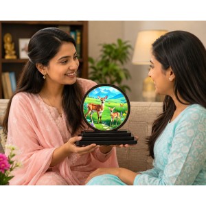 Car Dashboard Wooden Deer in Forest Showpiece | 4 X 4.5 Inch Sublimation Printed Decorative Stand | 4 Mm MDF | Home Decor | Made in India (F33623)