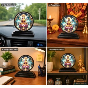 Car Dashboard Wooden Goddess Lakshmi Showpiece | 4 X 4.5 Inch Sublimation Printed Decorative Stand | 4 Mm MDF | Home Decor | Made in India (F33753)