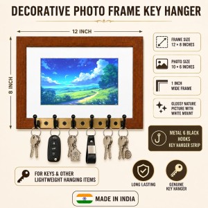 Decorative Wooden Photo Frame Key Hanger With Nature Picture, 12 X 8 Inch Wall Key Holder, 10 X 6 Inch Glossy Photo Frame, 6 Metal Hooks, Home Entrance Decor, Made In India (F38732)