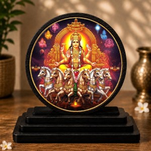 Car Dashboard Wooden Lord Surya Dev Showpiece | 4 X 4.5 Inch Sublimation Printed Decorative Stand | 4 Mm MDF | Home Decor | Made in India (F33565)