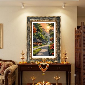 Painting Of A Peaceful Tropical Village Path At Sunset Decorative Photo Frame With White Mount | Premium Wall & Tabletop Picture Frame | Home, Office & Temple Decoration | 10x14 Inch (Pack Of 1) (F31