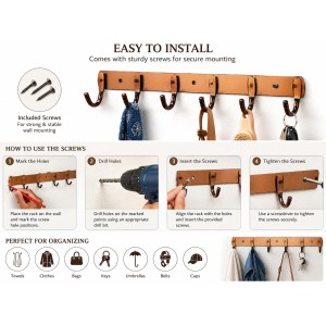 6-Hook Metal Wall Hook Rack with 3 Mounting Screws Included | Heavy Duty Wall Mounted Coat & Towel Hanger | Multipurpose Hook Rail for Clothes, Keys, Bags, Hats & Bathroom Accessories | Copper Finish