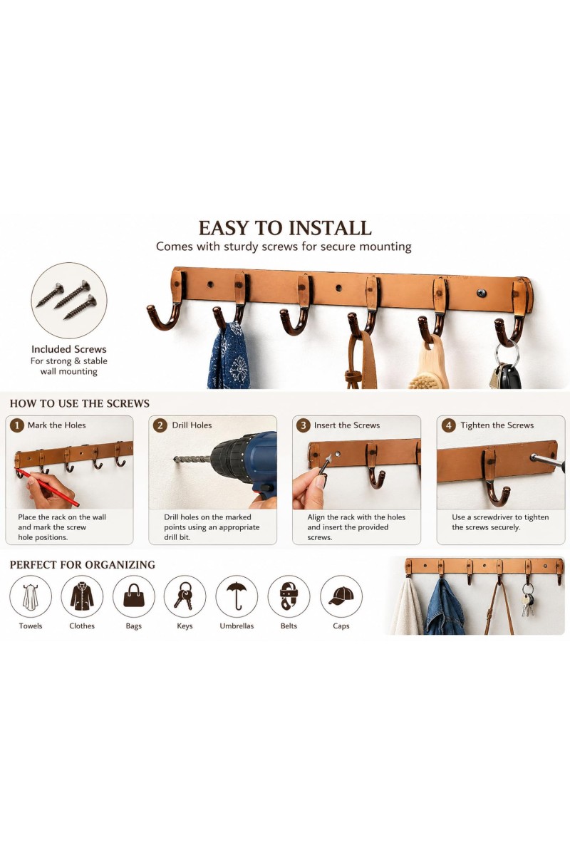 6-Hook Metal Wall Hook Rack with 3 Mounting Screws Included | Heavy Duty Wall Mounted Coat & Towel Hanger | Multipurpose Hook Rail for Clothes, Keys, Bags, Hats & Bathroom Accessories | Copper Finish