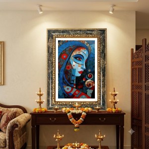 Vibrant Blue Portrait Of A Woman Decorative Photo Frame With White Mount | Premium Wall & Tabletop Picture Frame | Home, Office & Temple Decoration | 8x12 Inch (Pack Of 1) (F32551)