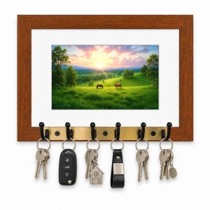 Decorative Wooden Photo Frame Key Hanger With Nature Picture, 12 X 8 Inch Wall Key Holder, 10 X 6 Inch Glossy Photo Frame, 6 Metal Hooks, Home Entrance Decor, Made In India (F38746)