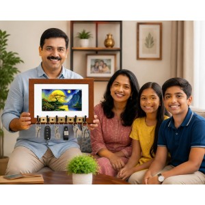 Decorative Wooden Photo Frame Key Hanger With Nature Picture, 12 X 8 Inch Wall Key Holder, 10 X 6 Inch Glossy Photo Frame, 6 Metal Hooks, Home Entrance Decor, Made In India (F38844)