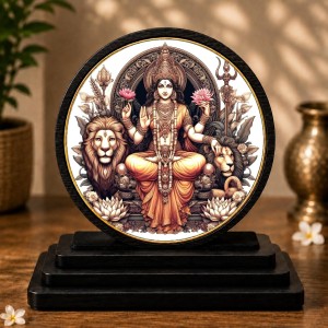 Car Dashboard Wooden Goddess Durga Showpiece | 4 X 4.5 Inch Sublimation Printed Decorative Stand | 4 Mm MDF | Home Decor | Made in India (F33327)
