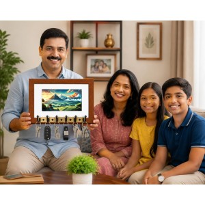 Decorative Wooden Photo Frame Key Hanger With Nature Picture, 12 X 8 Inch Wall Key Holder, 10 X 6 Inch Glossy Photo Frame, 6 Metal Hooks, Home Entrance Decor, Made In India (F38771)