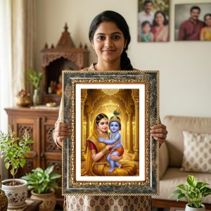 Yashoda And Krishna Decorative Photo Frame With White Mount | Premium Wall & Tabletop Picture Frame | Home, Office & Temple Decoration | 10x14 Inch (Pack Of 1) (F32453)