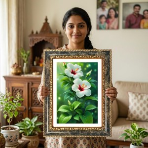 White Hibiscus Flowers Decorative Photo Frame With White Mount | Premium Wall & Tabletop Picture Frame | Home, Office & Temple Decoration | 8x12 Inch (Pack Of 1) (F32641)