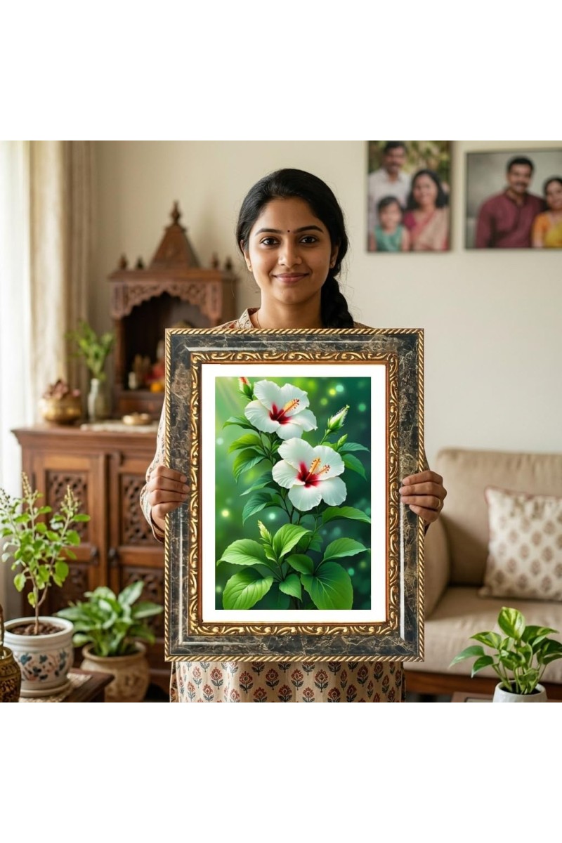 White Hibiscus Flowers Decorative Photo Frame With White Mount | Premium Wall & Tabletop Picture Frame | Home, Office & Temple Decoration | 8x12 Inch (Pack Of 1) (F32641)