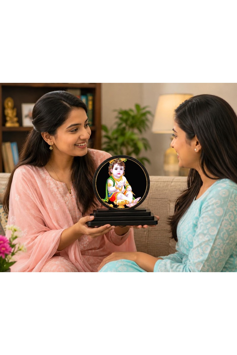 Car Dashboard Wooden Bal Krishna Showpiece | 4 X 4.5 Inch Sublimation Printed Decorative Stand | 4 Mm MDF | Home Decor | Made in India (F33438)