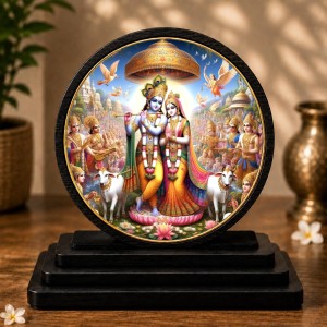 Car Dashboard Wooden Radhaa Krishna Showpiece | 4 X 4.5 Inch Sublimation Printed Decorative Stand | 4 Mm MDF | Home Decor | Made in India (F33363)