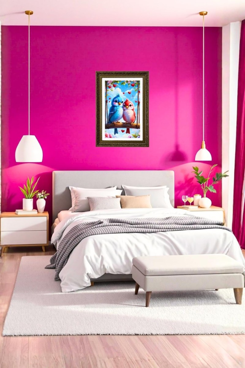 Two Cartoon Lovebirds On A Swing Big Photo Frame - 20x28 Inches For Home,Temple & Office Decoration (F10681)