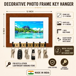 Decorative Wooden Photo Frame Key Hanger With Nature Picture, 12 X 8 Inch Wall Key Holder, 10 X 6 Inch Glossy Photo Frame, 6 Metal Hooks, Home Entrance Decor, Made In India (F38848)