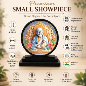 Car Dashboard Wooden Lord Sai Baba Ji Showpiece | 4 X 4.5 Inch Sublimation Printed Decorative Stand | 4 Mm MDF | Home Decor | Made in India (F33289)