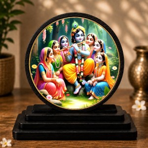 Car Dashboard Wooden Radhaa Krishna Showpiece | 4 X 4.5 Inch Sublimation Printed Decorative Stand | 4 Mm MDF | Home Decor | Made in India (F33542)