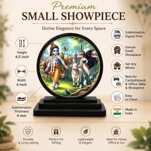 Car Dashboard Wooden Lord Krishna with Cows Showpiece | 4 X 4.5 Inch Sublimation Printed Decorative Stand | 4 Mm MDF | Home Decor | Made in India (F33750)