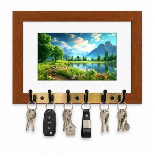 Decorative Wooden Photo Frame Key Hanger With Nature Picture, 12 X 8 Inch Wall Key Holder, 10 X 6 Inch Glossy Photo Frame, 6 Metal Hooks, Home Entrance Decor, Made In India (F38847)
