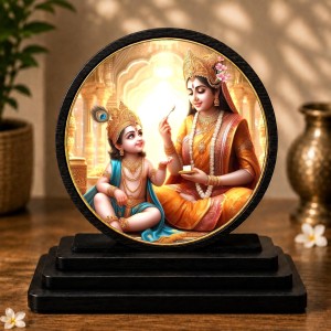 Car Dashboard Wooden Bal Krishna with Goddess Yashoda Showpiece | 4 X 4.5 Inch Sublimation Printed Decorative Stand | 4 Mm MDF | Home Decor | Made in India (F33268)