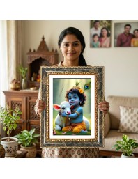 Baby Krishna Decorative Photo Frame With White Mount | Premium Wall & Tabletop Picture Frame | Home, Office & Temple Decoration | 10x14 Inch (Pack Of 1) (F31385)