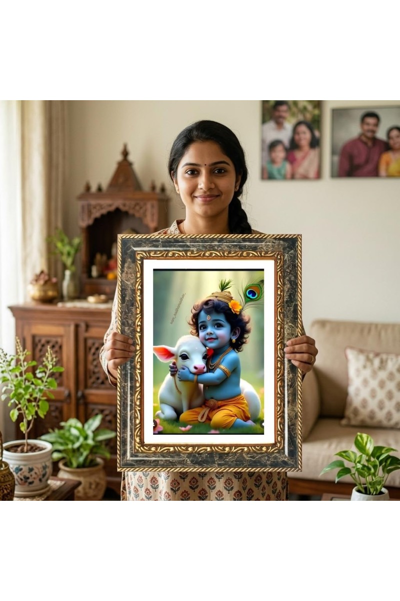 Baby Krishna Decorative Photo Frame With White Mount | Premium Wall & Tabletop Picture Frame | Home, Office & Temple Decoration | 10x14 Inch (Pack Of 1) (F31385)