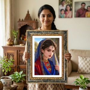 Woman In Traditional Indian Attire Decorative Photo Frame With White Mount | Premium Wall & Tabletop Picture Frame | Home, Office & Temple Decoration | 10x14 Inch (Pack Of 1) (F32602)