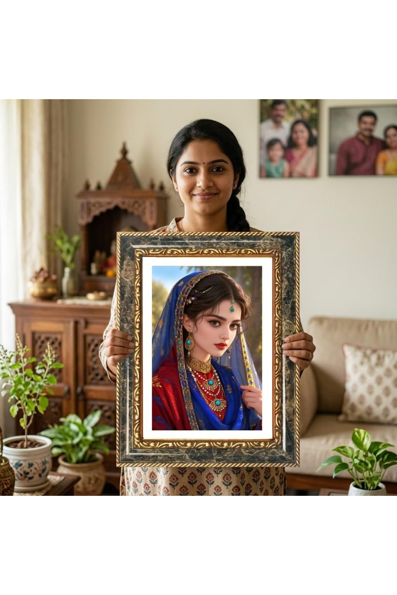 Woman In Traditional Indian Attire Decorative Photo Frame With White Mount | Premium Wall & Tabletop Picture Frame | Home, Office & Temple Decoration | 10x14 Inch (Pack Of 1) (F32602)