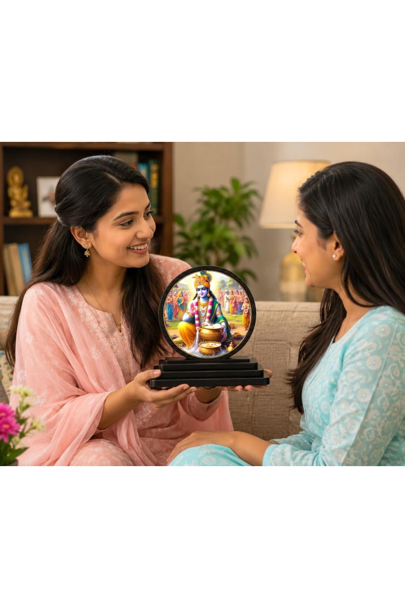 Car Dashboard Wooden Lord Krishna Showpiece | 4 X 4.5 Inch Sublimation Printed Decorative Stand | 4 Mm MDF | Home Decor | Made in India (F33337)
