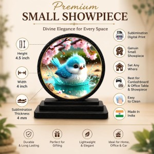 Car Dashboard Wooden Fluffy Blue Bird Showpiece | 4 X 4.5 Inch Sublimation Printed Decorative Stand | 4 Mm MDF | Home Decor | Made in India (F33413)