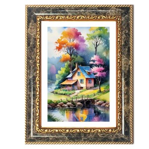 Painting Of A Cozy Countryside Cottage By A River Decorative Photo Frame With White Mount | Premium Wall & Tabletop Picture Frame | Home, Office & Temple Decoration | 8x12 Inch (Pack Of 1) (F31272)