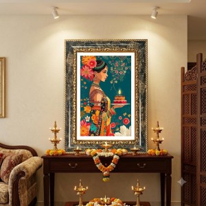 Woman Holding A Diya. Decorative Photo Frame With White Mount | Premium Wall & Tabletop Picture Frame | Home, Office & Temple Decoration | 10x14 Inch (Pack Of 1) (F33148)