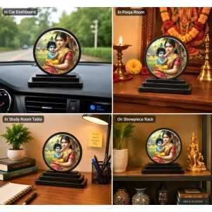 Car Dashboard Wooden Bal Krishna with MATA Yashoda Showpiece | 4 X 4.5 Inch Sublimation Printed Decorative Stand | 4 Mm MDF | Home Decor | Made in India (F33717)