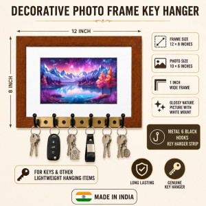 Decorative Wooden Photo Frame Key Hanger With Nature Picture, 12 X 8 Inch Wall Key Holder, 10 X 6 Inch Glossy Photo Frame, 6 Metal Hooks, Home Entrance Decor, Made In India (F38910) Decorative Wooden Photo Frame Key Hanger With Nature Picture, 12 X 8 Inch Wall Key Holder, 10 X 6 Inch Glossy Photo Frame, 6 Metal Hooks, Home Entrance Decor, Made In India (F38910)