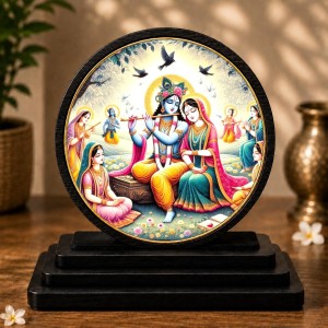 Car Dashboard Wooden Radhaa Krishna Showpiece | 4 X 4.5 Inch Sublimation Printed Decorative Stand | 4 Mm MDF | Home Decor | Made in India (F33249)