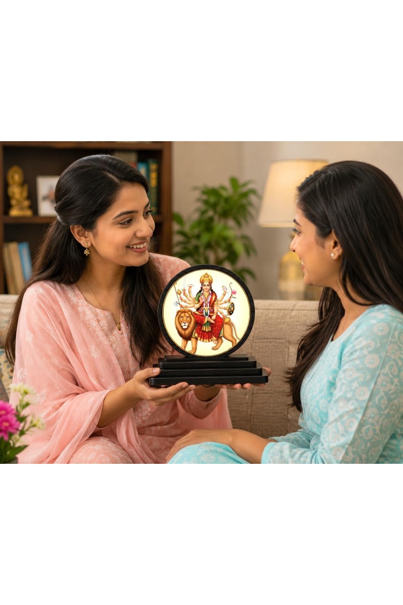 Car Dashboard Wooden Goddess Durga Showpiece | 4 X 4.5 Inch Sublimation Printed Decorative Stand | 4 Mm MDF | Home Decor | Made in India (F33376)