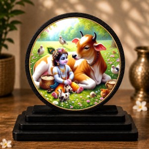Car Dashboard Wooden Little Krishna Showpiece | 4 X 4.5 Inch Sublimation Printed Decorative Stand | 4 Mm MDF | Home Decor | Made in India (F33645)