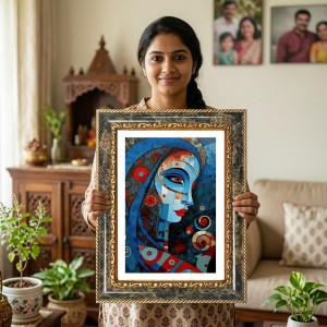 Vibrant Blue Portrait Of A Woman Decorative Photo Frame With White Mount | Premium Wall & Tabletop Picture Frame | Home, Office & Temple Decoration | 8x12 Inch (Pack Of 1) (F32551)