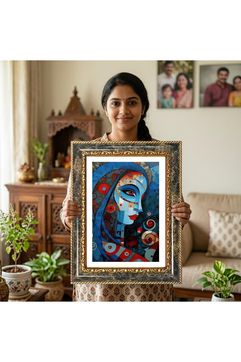 Vibrant Blue Portrait Of A Woman Decorative Photo Frame With White Mount | Premium Wall & Tabletop Picture Frame | Home, Office & Temple Decoration | 8x12 Inch (Pack Of 1) (F32551)
