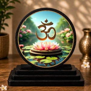 Car Dashboard Wooden OM Symbol Showpiece | 4 X 4.5 Inch Sublimation Printed Decorative Stand | 4 Mm MDF | Home Decor | Made in India (F33687)