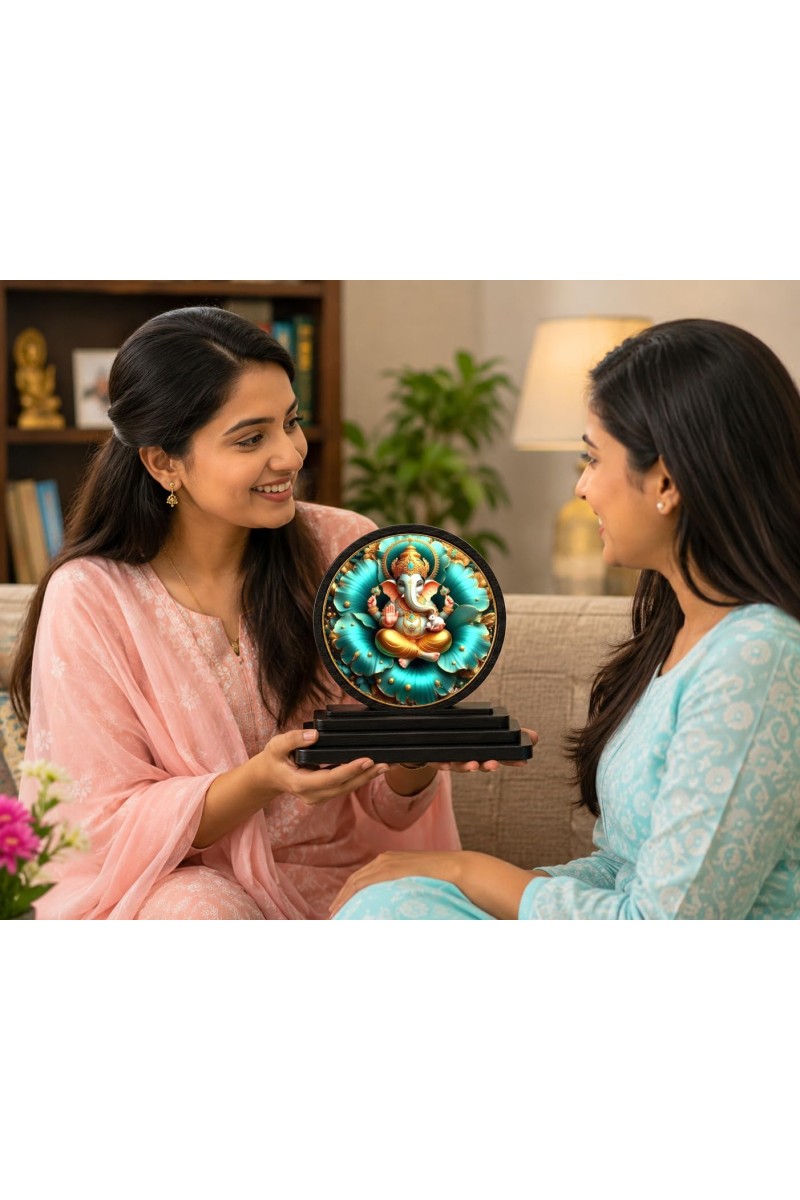 Car Dashboard Wooden Lord Ganeshaa Showpiece | 4 X 4.5 Inch Sublimation Printed Decorative Stand | 4 Mm MDF | Home Decor | Made in India (F33324)