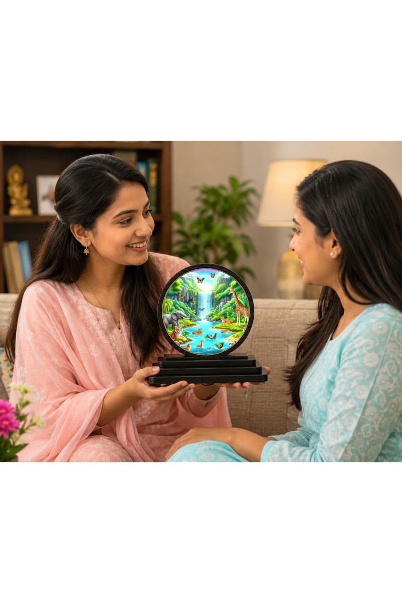 Car Dashboard Wooden Vibrant Jungle Scene Showpiece | 4 X 4.5 Inch Sublimation Printed Decorative Stand | 4 Mm MDF | Home Decor | Made in India (F33291)