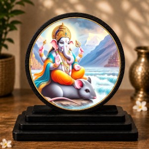 Car Dashboard Wooden Lord Ganesha Showpiece | 4 X 4.5 Inch Sublimation Printed Decorative Stand | 4 Mm MDF | Home Decor | Made in India (F33365)