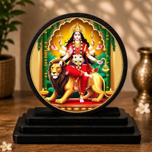 Car Dashboard Wooden Goddess Durga Showpiece | 4 X 4.5 Inch Sublimation Printed Decorative Stand | 4 Mm MDF | Home Decor | Made in India (F33678)