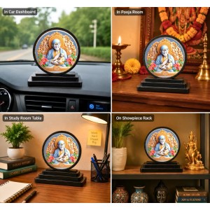 Car Dashboard Wooden Lord Sai Baba Ji Showpiece | 4 X 4.5 Inch Sublimation Printed Decorative Stand | 4 Mm MDF | Home Decor | Made in India (F33289)