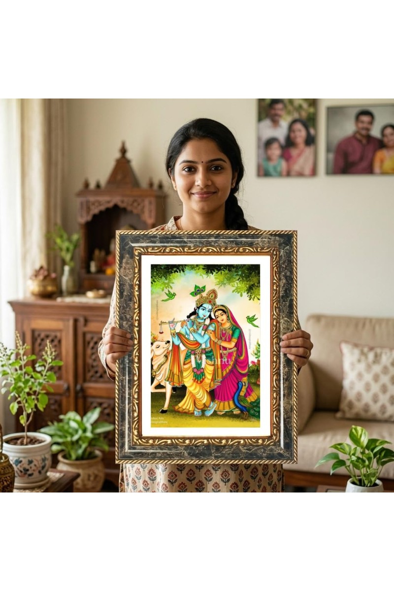 Krishna And Radhaa Decorative Photo Frame With White Mount | Premium Wall & Tabletop Picture Frame | Home, Office & Temple Decoration | 8x12 Inch (Pack Of 1) (F33208)