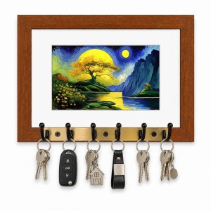 Decorative Wooden Photo Frame Key Hanger With Nature Picture, 12 X 8 Inch Wall Key Holder, 10 X 6 Inch Glossy Photo Frame, 6 Metal Hooks, Home Entrance Decor, Made In India (F38844)