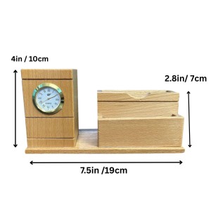 Wooden Pen Stand with Analog Clock & Business Card Holder | Multipurpose Desk Organizer for Office Table | Pen Pencil Holder | Wooden Stationery Organizer for Home & Office