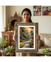Painting Of A Peaceful Tropical Village Path At Sunset Decorative Photo Frame With White Mount | Premium Wall & Tabletop Picture Frame | Home, Office & Temple Decoration | 10x14 Inch (Pack Of 1) (F31